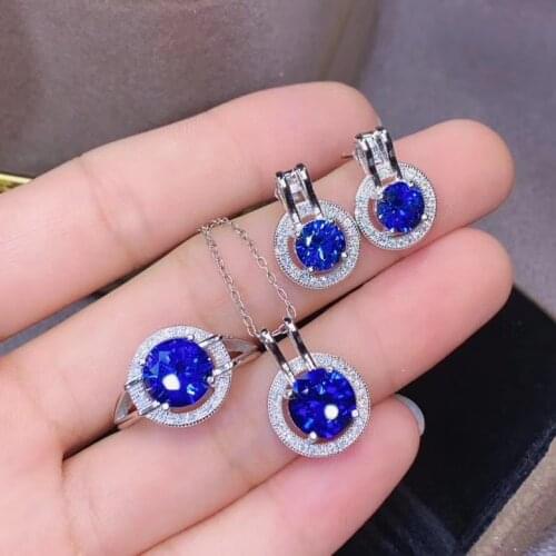 Best Gift Real and Natural Sapphire jewelry set Natural Real Sapphire 925 sterling silver 1pc pendant,1pc ring,2pcs Earring