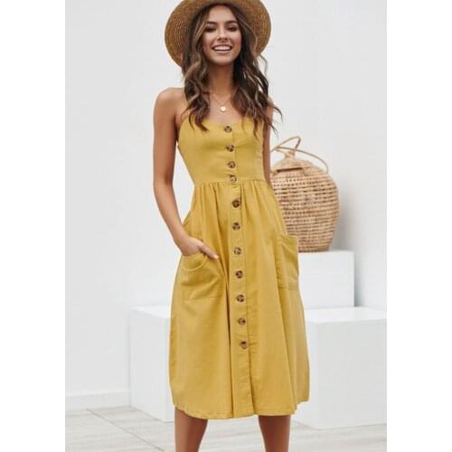 Solid Spring Ladies Casual Dresses Women Sleeveless Backless Single Breasted Pocket Midi Sling Dress Streetwear Bohe Vestidos
