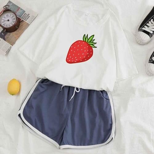Kawaii Red Strawberry Print Sleepwear Women Pajama Sets Pijama Suit Shorts Home Suit Women Short Sleeve Tees Korean Suit Female