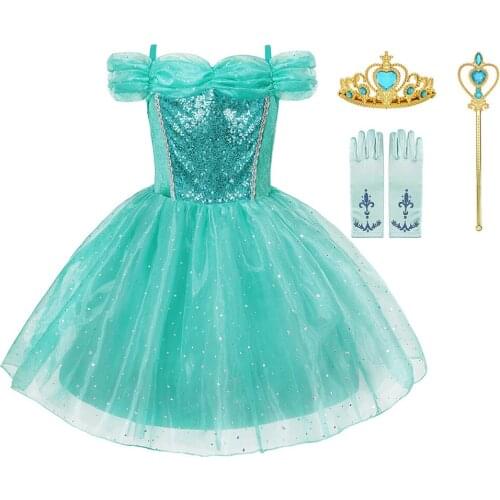 Belle and The beast Dress Children Party Role Playing Frocks Green Sleeve Lace Tulle Prom Dresses for Baby Girls