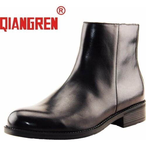 QIANGREN Military Factory-direct Mens Autumn Winter Genuine Leather Rubber Natural Wool Chelsea Boots Male Black Business Shoes