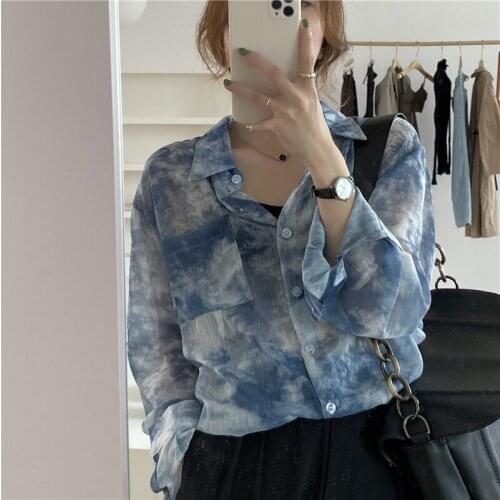 ZCSMLL Tie-dye Long-sleeved Shirt Womens Autumn New Korean Style Loose Big Size Mid-length Sunscreen Women Casual Tops