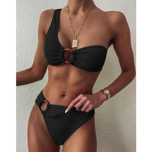 Sexy Bikini Women Swimsuit Black One Shoulder Bikini Set Push Up Swimwear High Waist Bathing Suits Beach Wear 2020 New