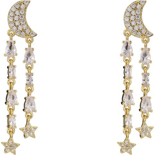 HECHENG ,1 Pair,Moon Chain Pendant Ear Stud,Star Jewelry,Gold Silver Color Long Chain Drop Earrings For Women Female