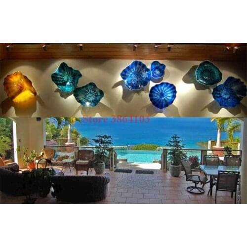 Blue and Amber Dale Chihuly Style Hand Blown Glass Hanging Plates Wall Art Decoration