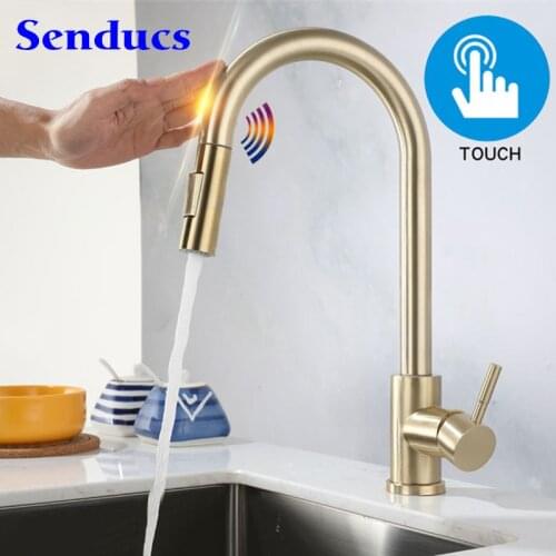 Senducs Touch Kitchen Faucets Brushed Gold Pull Out Kitchen Mixer Tap 304 Stainless Steel Smart Sensor Touch Kitchen Faucet