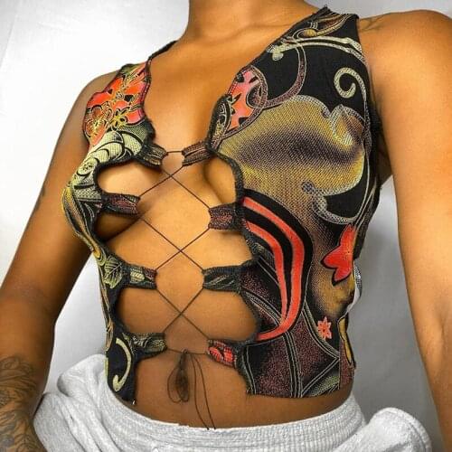 Y2K Fashion Graphic Pattern Cross Lace Up Hollow Sleeveless T-shirt for Women Hot Sexy Print Slim Skinny Crop Tank Top Mujer new