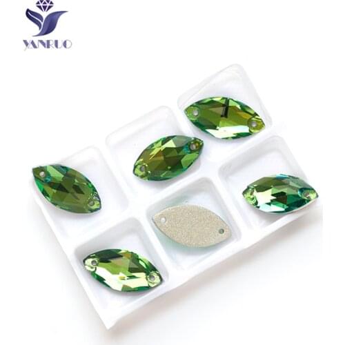 YANRUO 3223 Navette Peridot Sewn Strass Horse Eyes Glass Crystal Flat Back Sewing Rhinestones Sew On Stones For Clothes DIY