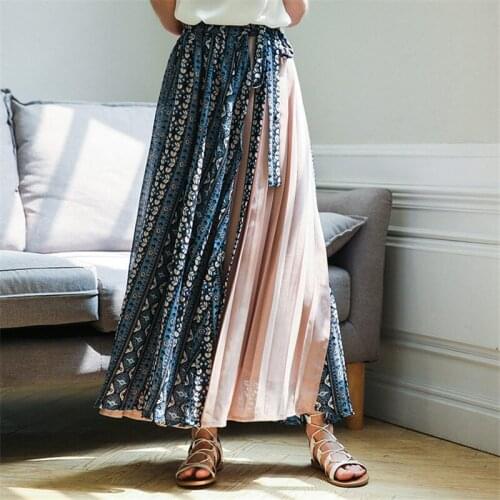 French Retro Floral Skirt Female Summer Contrast Color Stitching Chiffon Skirt Hgh Waist Lace Up Midi Saias Pleated Jupe zH1588