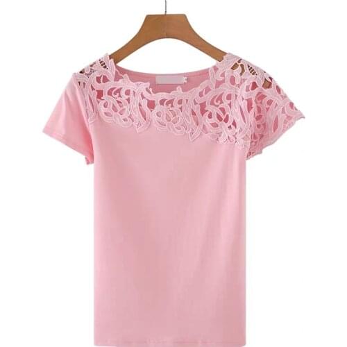 White T Shirt Women Hollow out Lace Ladies Summer Top 2020 Korean Women Clothes Solid color Short sleeve Casual
