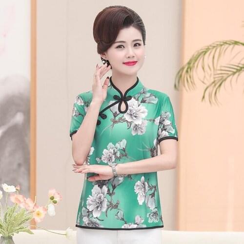 Plus Size XL-5XL Summer T-shirt Women Casual Short Sleeve Cheongsam Tops Plus Big Size Print Mother Clothes Chinese Style