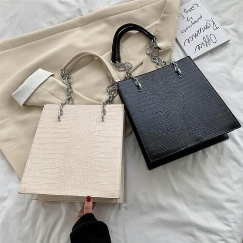 Vintage Crocodile Pattern Chain Tote Bags For Women Simple Large Capacity PU Leather Work Female Shoulder Bags 2021 Black Beige