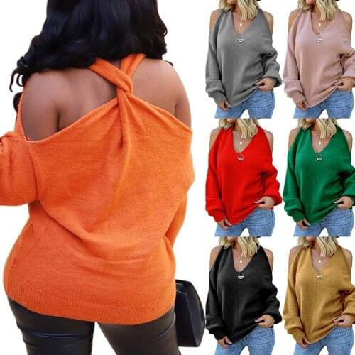 Woman Sweaters 2021 New Fashion Pullover V-neck Show A Shoulder New Sexy Strapless Backless Female Sweater MMY120163