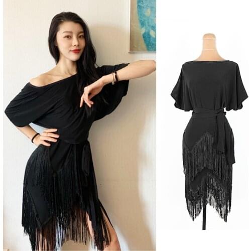 Latin Dance Dress Female Adult Black Short Sleeve Loose Fringed Practice Dresses Women Tango Salsa Cha Cha Samba Rumba DNV12694