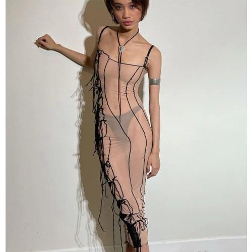 Adogirl Women Spaghetti Straps Transparent Bodycon Dress Summer Off Shoulder Fashion Streetwear Outfits Party Wear