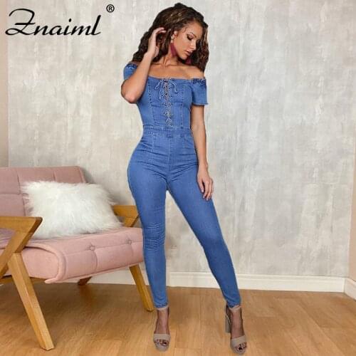 Znaiml Shoulder Jumpsuit Women Elastic Denim Casual Streetwear Rompers Short Sleeve Lace Up Activewear Skinny Summer Jean Femme