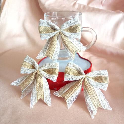 10pcs Vintage Natural Jute Burlap hessian bows lace ribbon trim rustic Wedding Decoration marriage party decor bowknot #272841