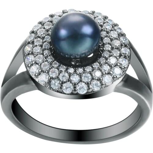 2016 fashion High Quality blue pearl black gun plated pave zircon ring jewelry for women wedding party gift new design