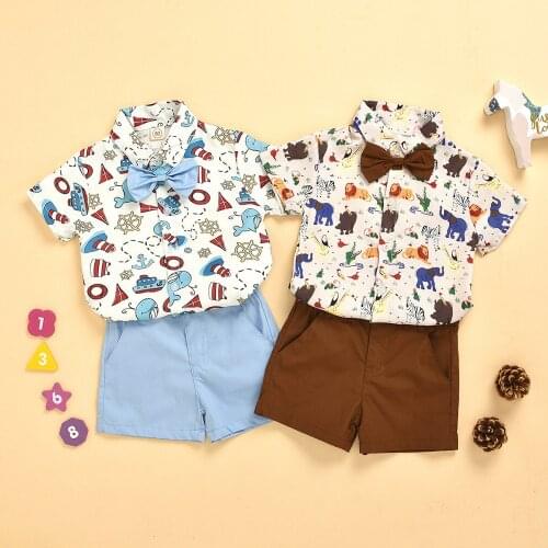 2020 NEW !! Boy summer outfits set / Gentleman boy clothes set / Party boy blouse and shorts set Forest animals printt