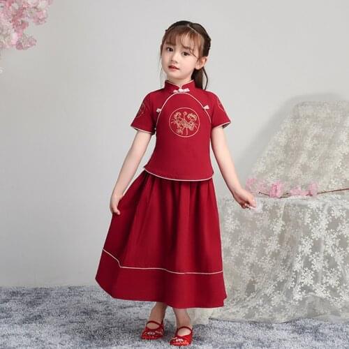 Childrens Tang Suit Republican Style Retro Literary Cotton Linen Solid Color Two-piece Performance Suit Class Service Vestido