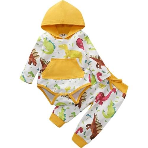 Baby Boys Girls Cotton Clothes Set Long Sleeve Cartoon dinosaur Print Hooded Romper Pants Suit Newborn Spring Autumn Clothing