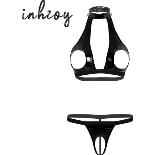 Hot Sexy Women Erotic Lingerie Set Faux Leather Open Cup Bra Tops with Crotchless G-string Thong Female Open Crotch Underwear