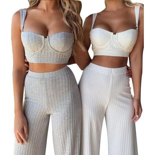 Two Piece Set Women Knitted Tracksuit Sleeveless Strapless Crop Top And Pants Sexy 2 Piece Sets Outfits White Womens Suits