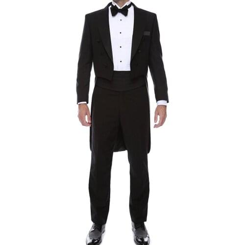 Black Wedding Man Tail Coat with Double Breasted for Groom Two Piece Best Men Suits Set Jacket Pants Waistband Male Fashion