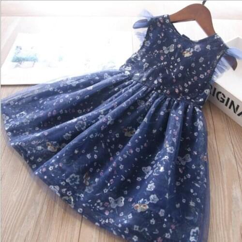 Summer girls blue floral print fly sleeve dresses wholesale baby girl clothes