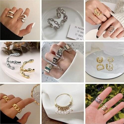 Fashion Ring Set Geometric Irregular Metal Opening Ring Temperament Simple Adjustable Ring Set For Women Jewelry Gift