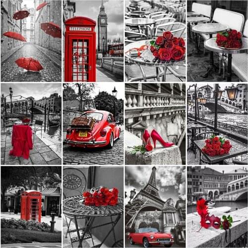 MomoArt Diamond Mosaic Street Diamond Painting Black Red Cross Stitch Set Embroidery Scenery Needlework Beaded Art Wall Decor