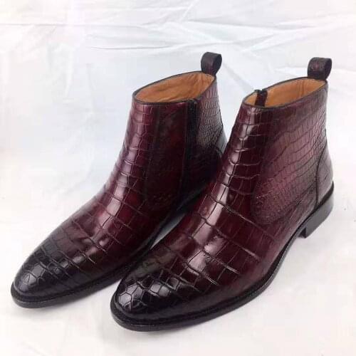 Super big size 100% real genuine crocodile skin burgandy black 2 colors men boots winter shoe with genuine cowhide skin lining