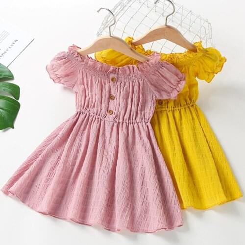 New Summer Girls Dress Chiffon Draped Princess Puffy Sleeves Dresses For Girls Vestidos De Verano Pink / Yellow Children Clothes