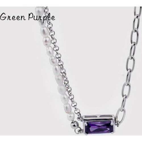 Pearl Stitching Necklace S925 Sterling Silver Purple Zircon Pendant Stratification Asymmetry Necklace For Women Fine Jewelry