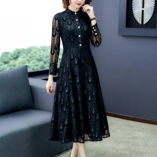 Autumn Elegant Black Lace 5XL Plus Size Maxi Dress Spring Casual Solid Long Sleeve Midi Dress New Vintage Women Bodycon Vestidos