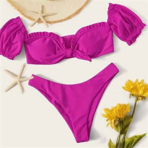 Sexy Rose Red Ruffle Swimwear Women Bow Bikini Bandeau Swimsuit Bathing Suit Thong Bikinis 2021 Mujer Beachwear Biquinis Tops