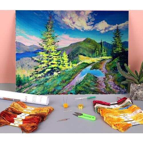 Landscape Summer In The Mountains Printed Fabric 11CT Cross Stitch Complete Kit DIY Embroidery DMC Threads Sales