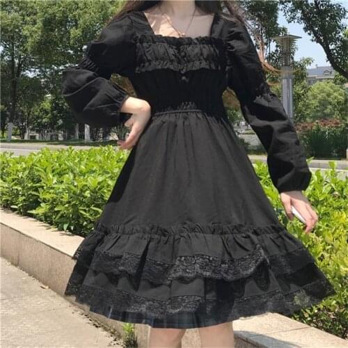 Harajuku Dark Style Japanese Summer New Dresses Vintage Square Collar Lace Puff Sleeve Dress Sweety Ruffles Hepburn Black Dress