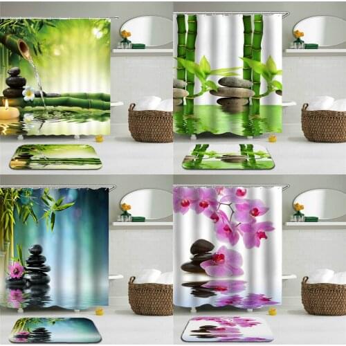 3D Shower Curtain Set With Hooks Fabric Bathroom Shower Curtains Green Plants Flower Bamboo Curtain Waterproof Bath Mat For Home