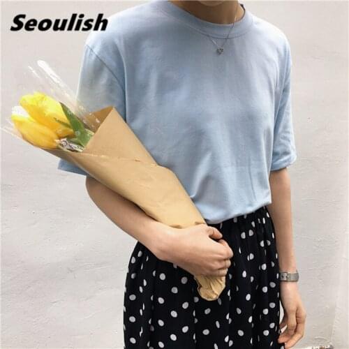 Seoulish 2021 New Summer Cotton Short Sleeve Womens T-Shirts Basic Multi Color O-Neck Casual Loose Female Solid Shirts Tops Tee
