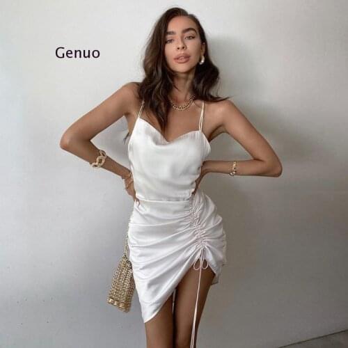 2021 Sleeveless Pleated Bandage Backless Sexy Mini Dress Summer Women Fashion Streetwear Outfits White Solid Sundress
