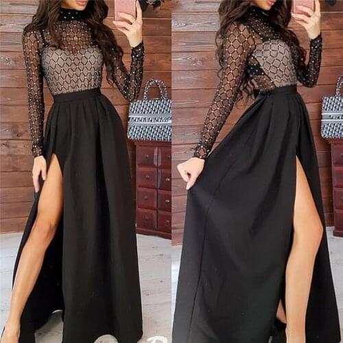 Sexy Mesh Party Dress Women Fall Turtleneck Rhinestones Club Bodycon Dress Elegant Long Sleeve Split Dresses Long Vestidos