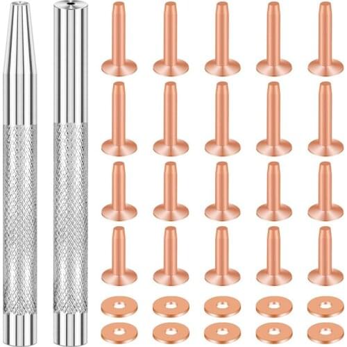 20Pack Copper Rivets and Burrs (14mm and 19mm) with 2Pcs Punch Rivet Tool for Belts, Bags, Collars, Leather-Crafting