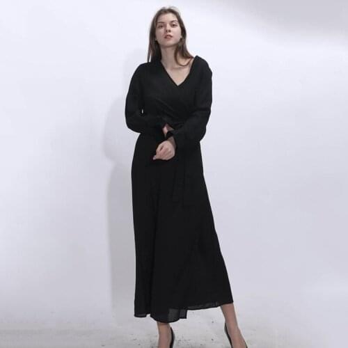 Autumn Women Dress Fashion V Neck Casual Loose Long Sleeve Solid Color 2020 New Ankle Length Dress Sashes Dresses