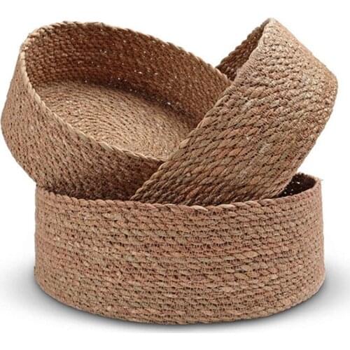 3PCS Woven Round Seagrass Basket Tray Set for Home Decorative Storage Baskets for Organizing and Storage
