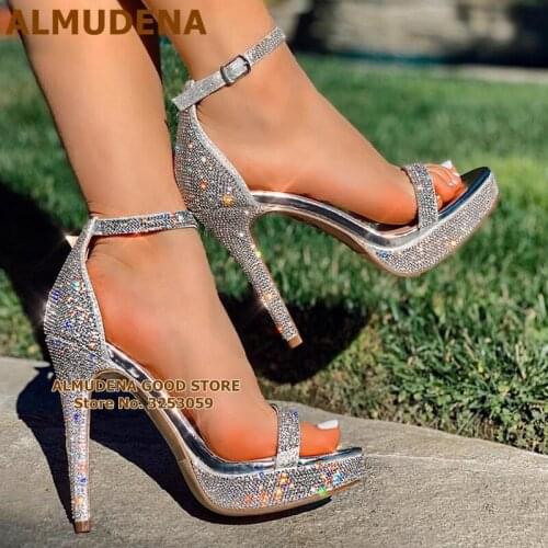 ALMUDENA Silver Crystal Open Toe High Heel Sandals Bling Bling Rhinestone Platform Wedding Shoes Buckle Strap Banquet Pumps