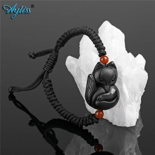 Ayliss Natural Obsidian Fox Pi Xiu Bracelet Handmade Braided Crystal Macrame Tassels Stretch Bracelet