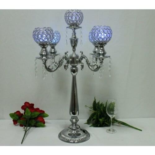 Free Shipping 10pcs/lot 76cm height 5-arms metal candelabras with crystal pendats, shiny silver finish wedding candle holder