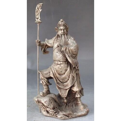 Decoration bronze factory outlets Tibet Silver 10" Chinese Silver Stand Dragon Sword Guan Guan Yu Warrior God General Statue