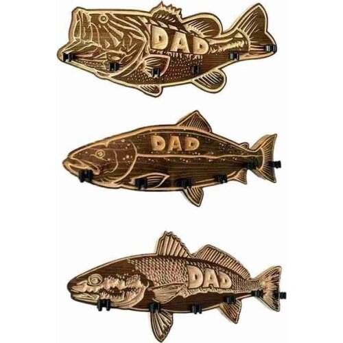 Wooden Large Mouth Bass Fishing Rod Holder Wall Mounted Fathers Day Gift Retro Fishing Pole Rack with 6 Rod Holder